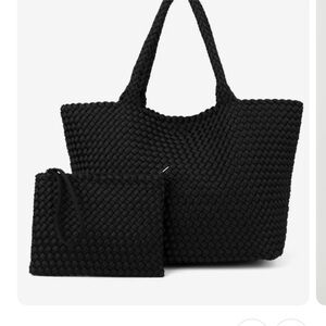 Elegant Black Woven neoprene Tote Bag w matching pouch